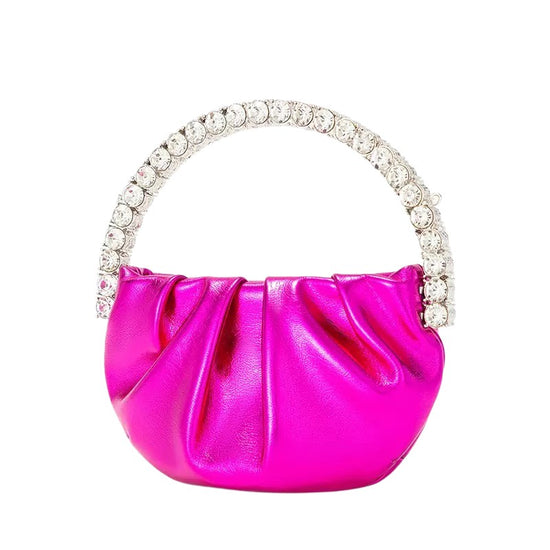 Fuschia pink evening bag with rhinestone, crystal handle