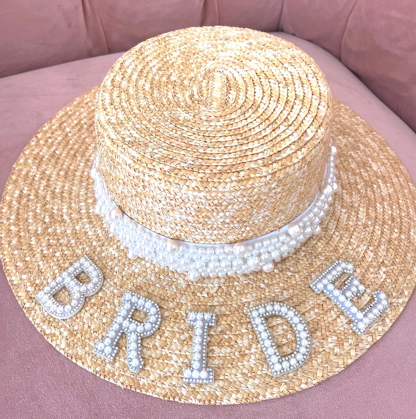 Bride sun hat with pearl ribbon and embellished lettering