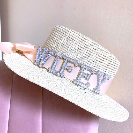 Straw wifey hat for brides to be with embellishments and ribbon