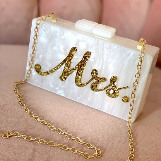 Mrs Clutch Bag | White Acrylic | Gold Lettering