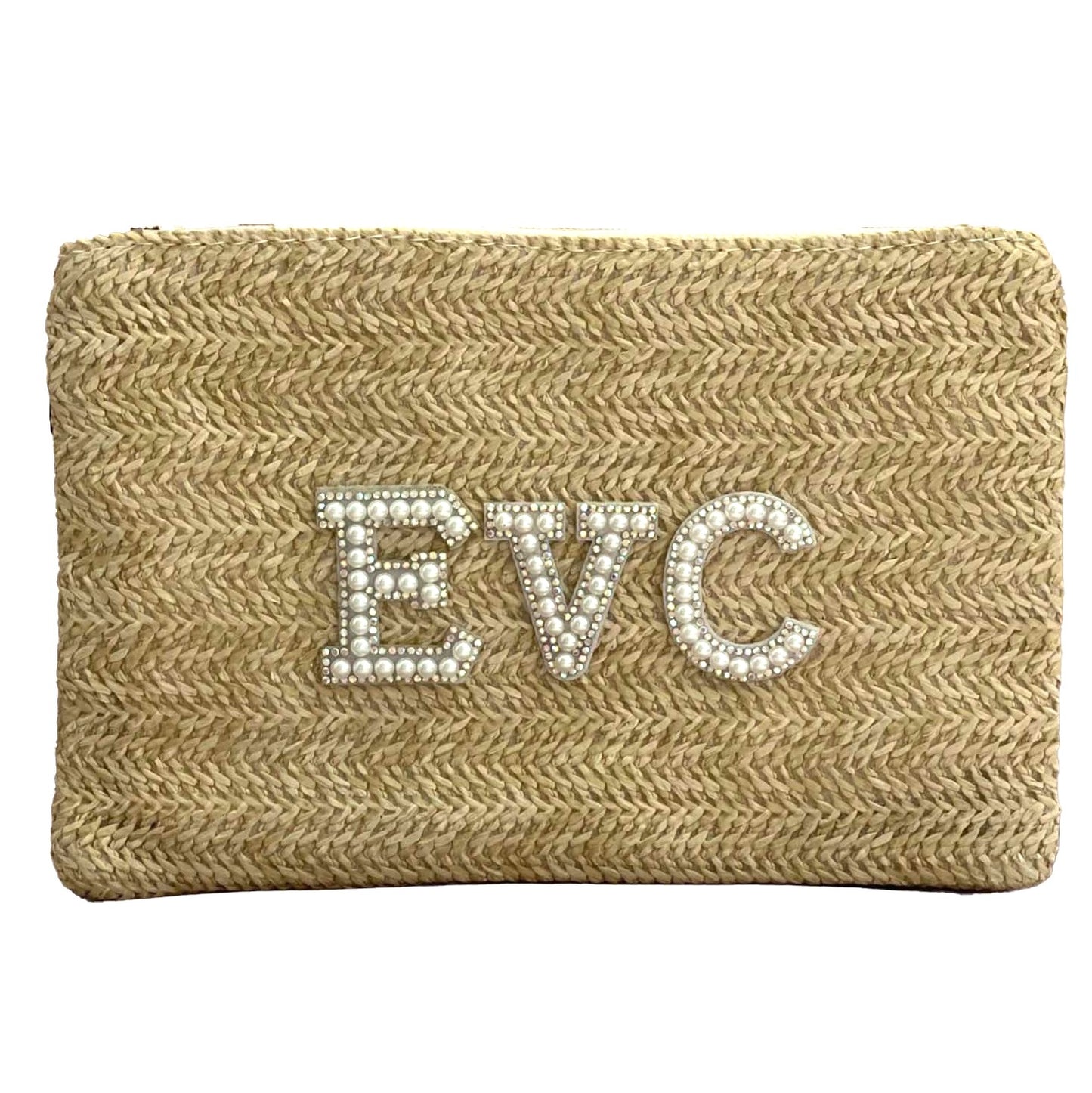 Straw Beach Pouch Bag - Personalised with Pearl & Rhinestone Lettering