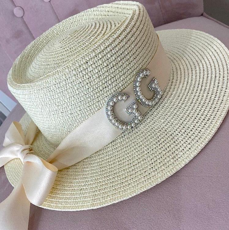 Personalised Hat | Straw | Pearl and Rhinestone Lettering