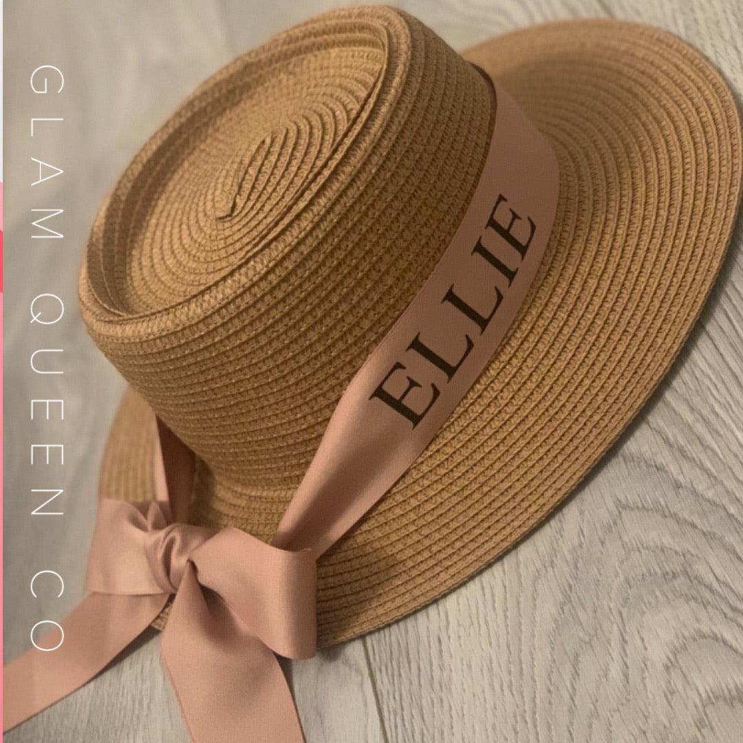 summer beach hat with nude ribbon and custom name or initials