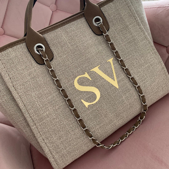 personalised beige canvas tote bag with gold foil monogram