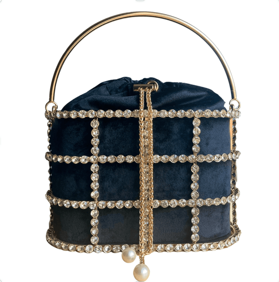 luxurious style caged evening bag with gold outer frame and rhinestone crystals