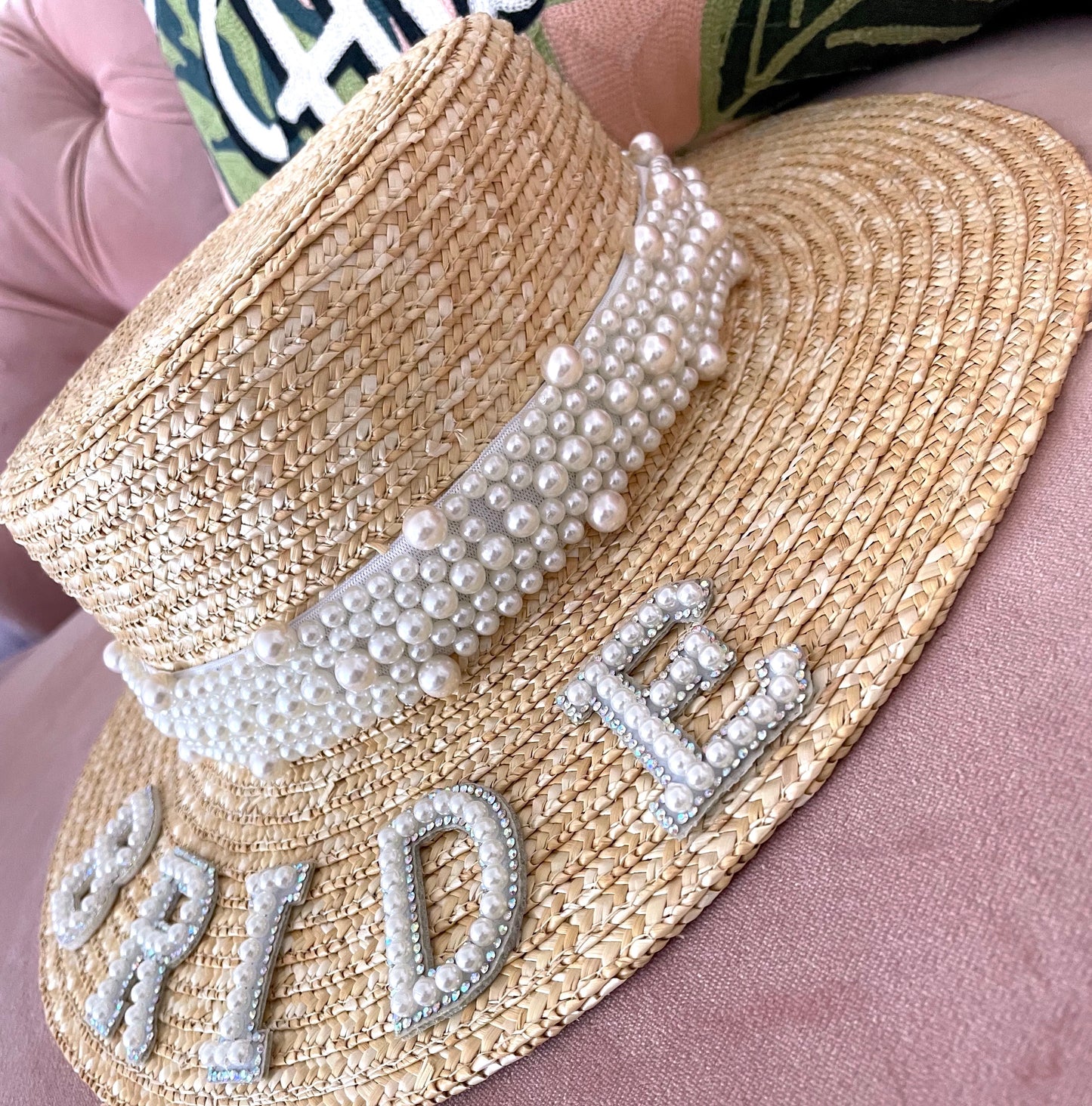 Bride Hat | Straw | Pearl Ribbon | Embellished with Pearl Lettering