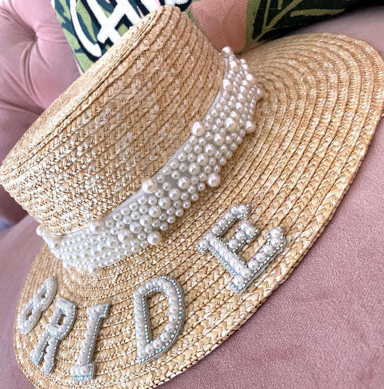 Bride Hat | Straw | Pearl Ribbon | Embellished with Pearl Lettering