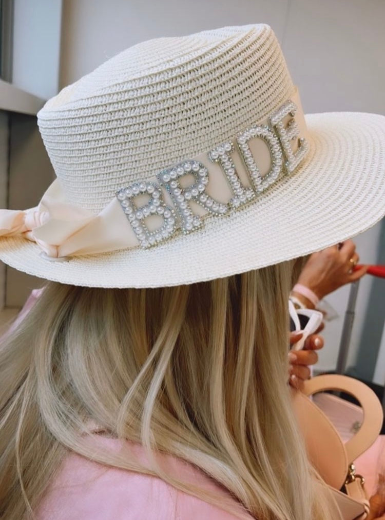 Bridal Hat | Straw | Cream | Embellished with Pearl Lettering