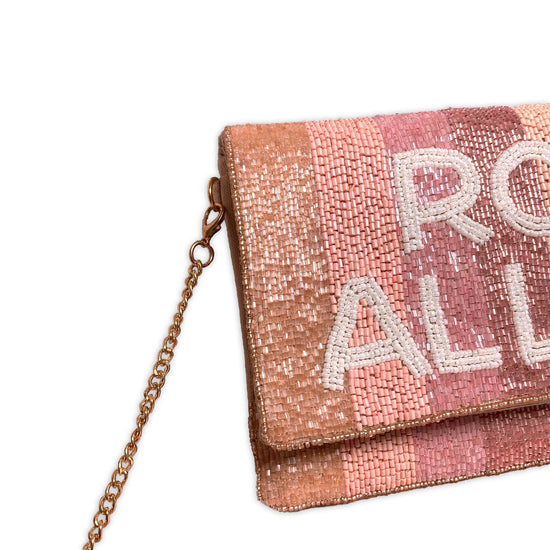 Beaded clutch bag rose all day, party bag with a gold chain and rainbow, shiny beads