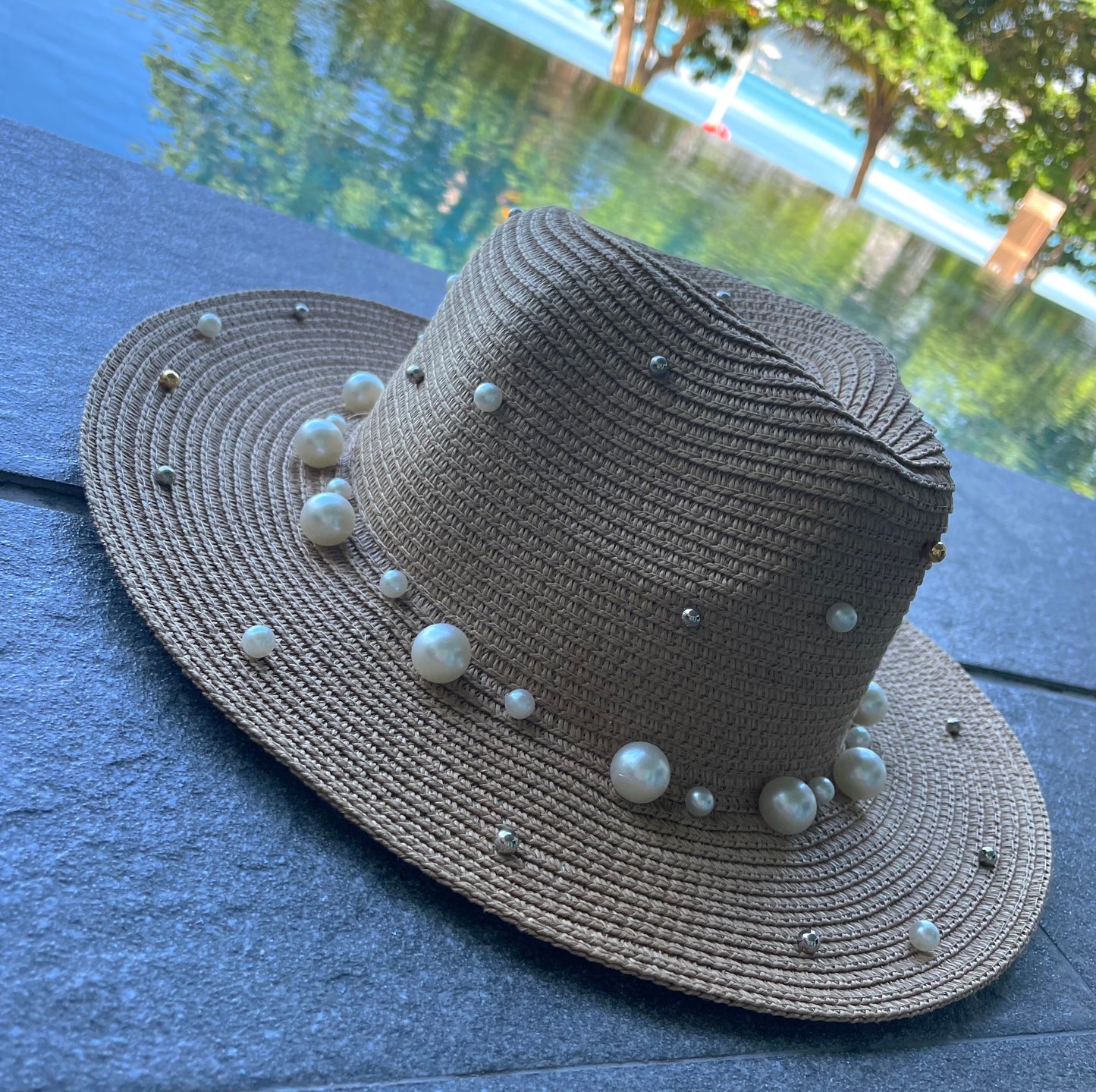 Embellished Pearl Straw Hat