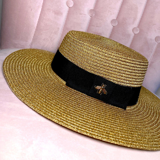 Straw Summer Hat with a gold, shiny Bee and Black Ribbon Flipped-shot
