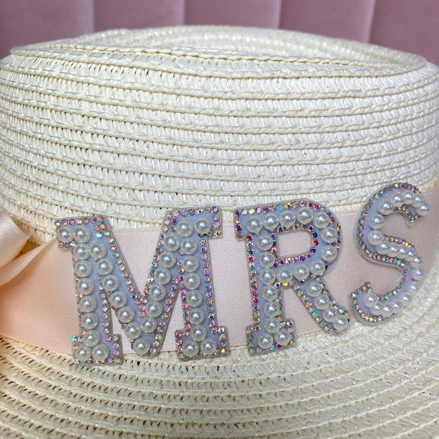 Hen party, wedding hat with mrs lettering for brides with cream faux pearl