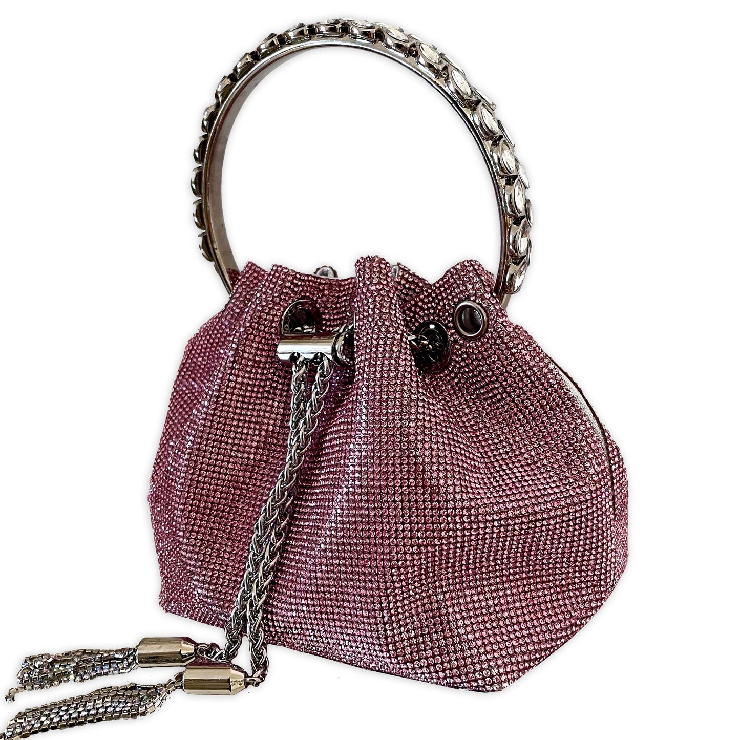 Audrey | Luxury Evening Bag | Pink Rhinestone Crystals | Embellished Handle