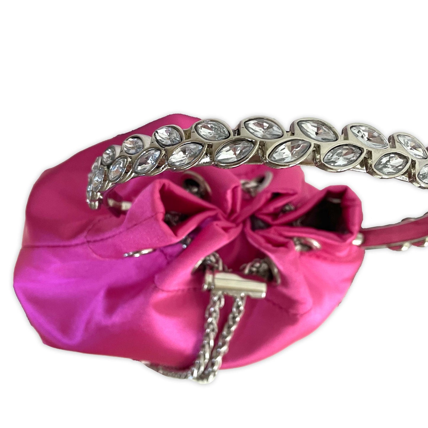 Audrey | Luxury Evening Bag | Silver Rhinestone Crystals | Neon Pink