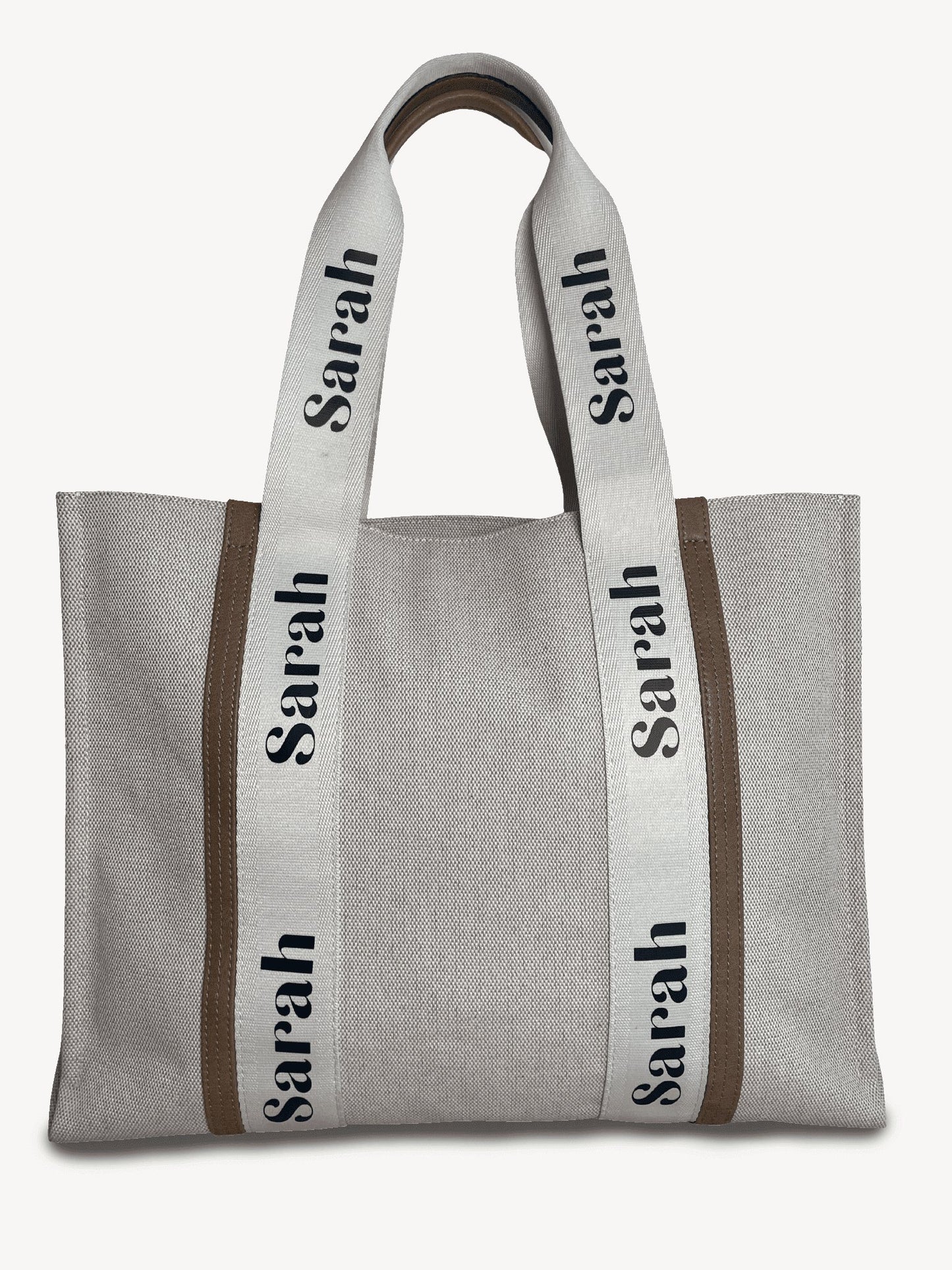 Luxury personalised canvas tote bag, cream and brown, with spacious storage and zip compartment