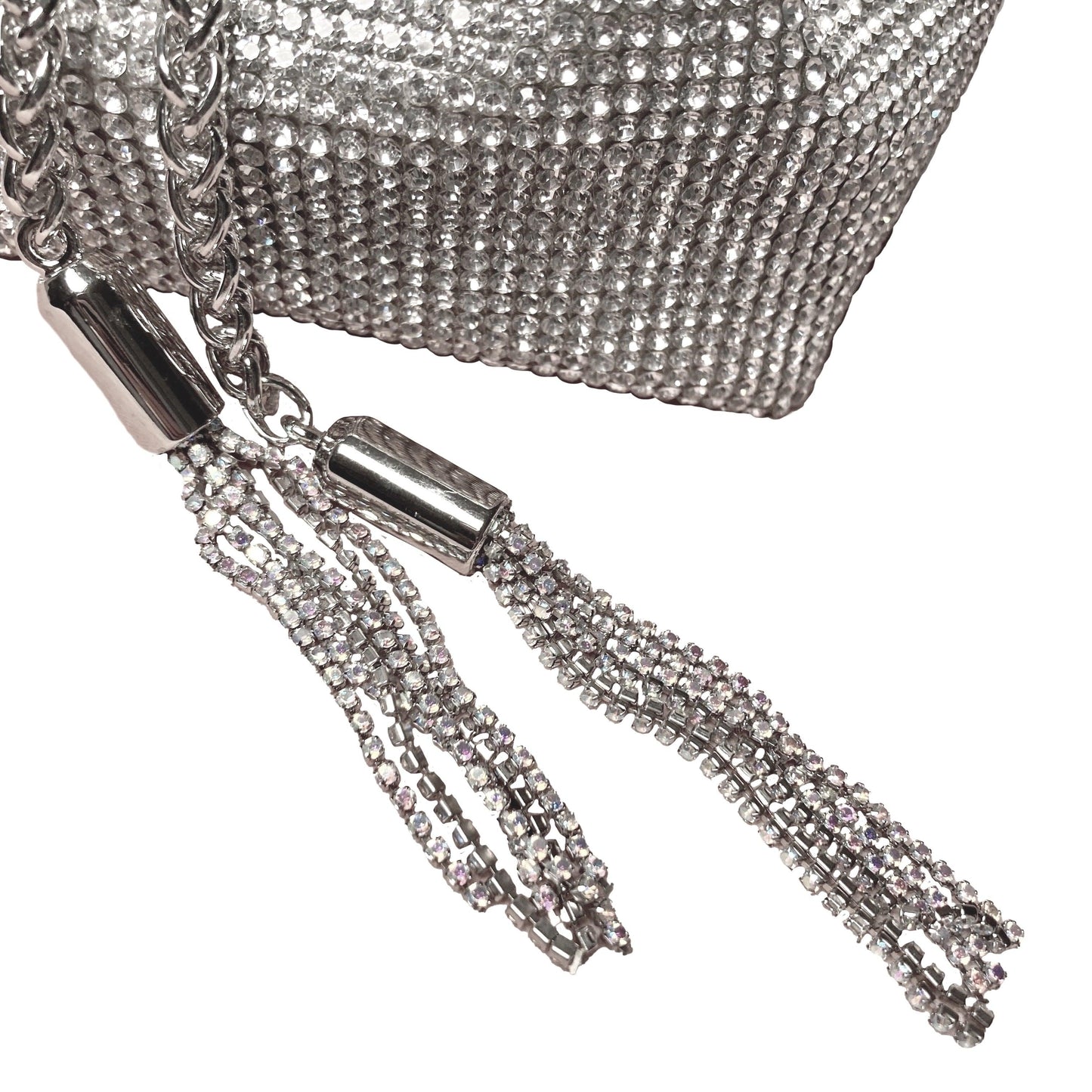 Silver bag's embellished tassles Close-up