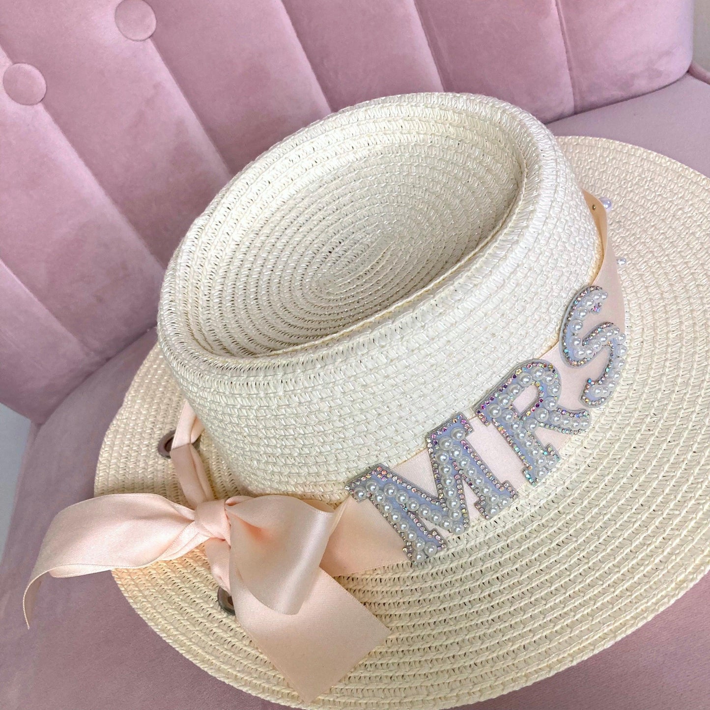 Mrs bridal straw hat with pink ribbon and pearl lettering