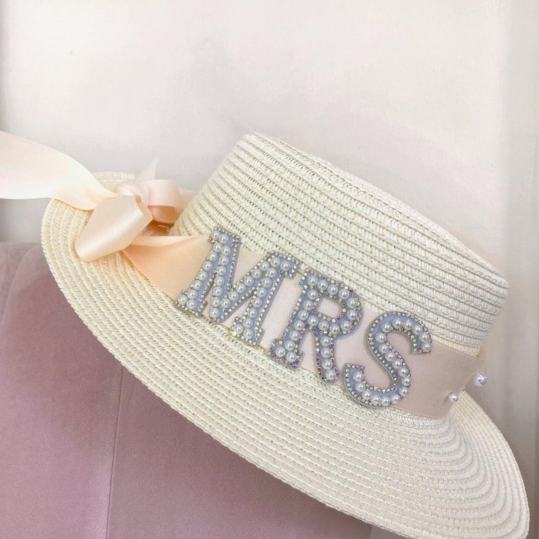 Mrs bridal straw hat with pearl lettering