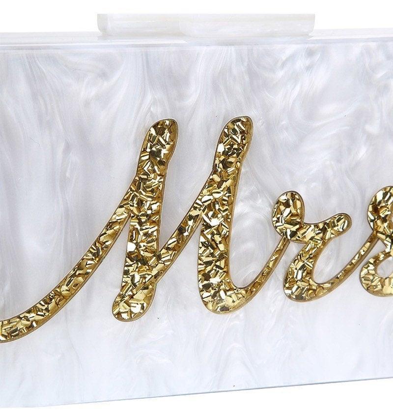 Mrs Clutch bridal bag with golden lettering for a bride to be