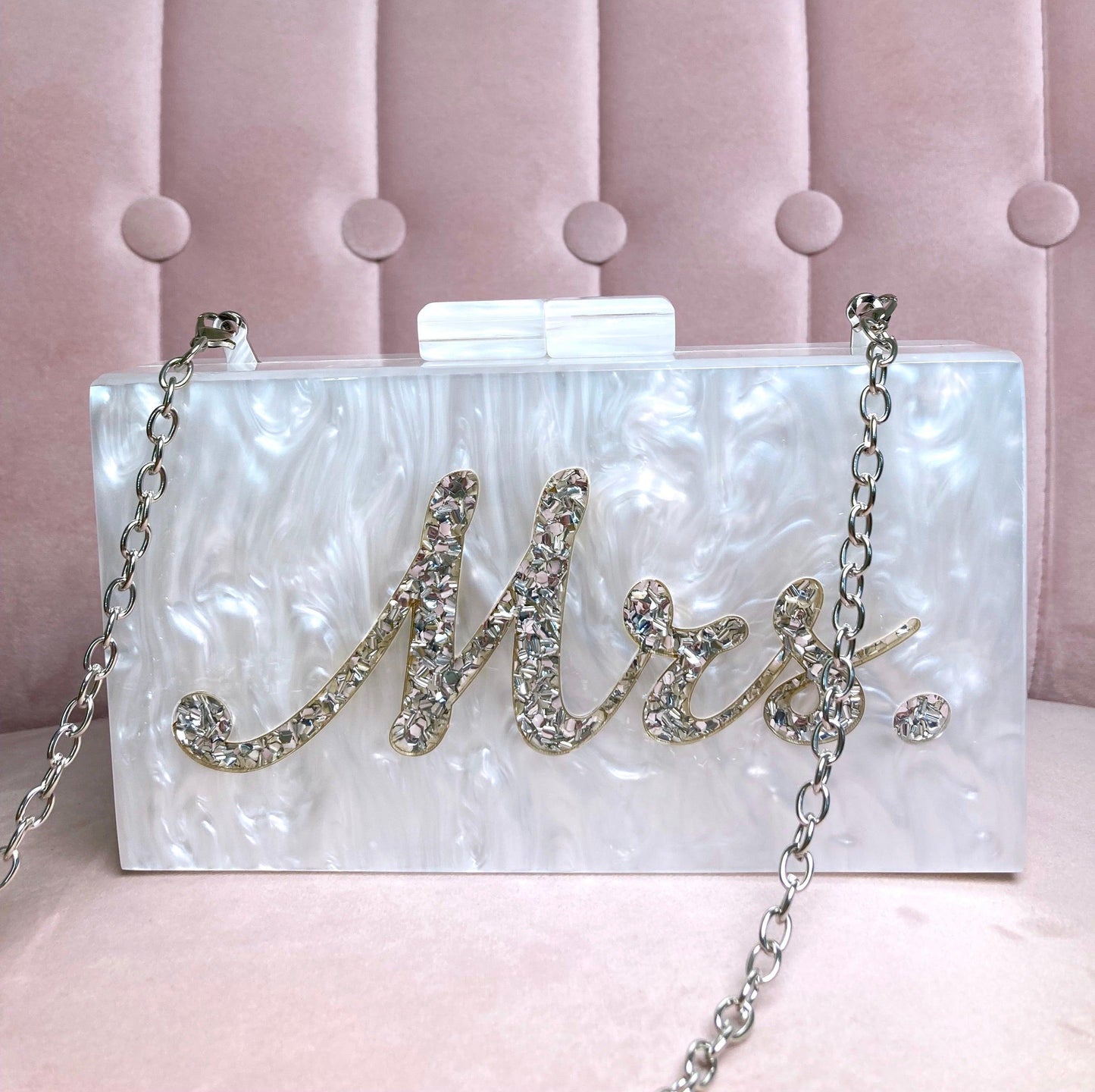 newlywed statement accessory with silver lettering mrs clutch bag & chain