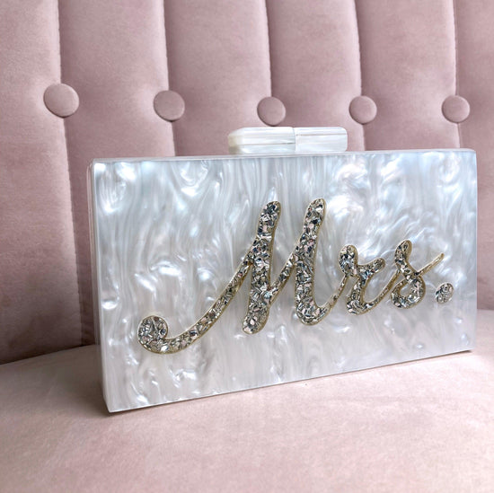 mrs silver clutch diamond silver lettering with magnetic closing
