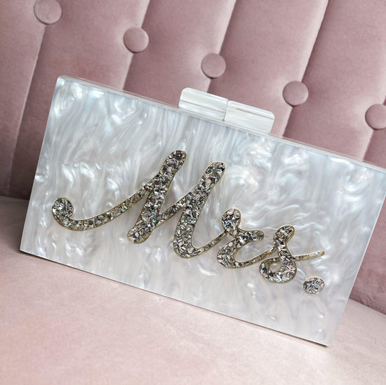 Bridal clutch bag statement accessory with silver/diamond lettering