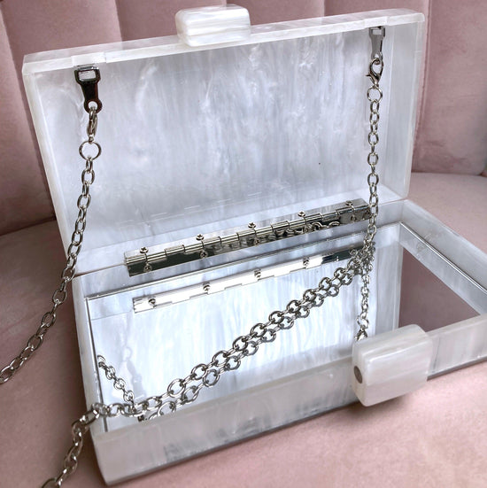 mrs silver clutch honeymoon bag with mirror and silver carry strap