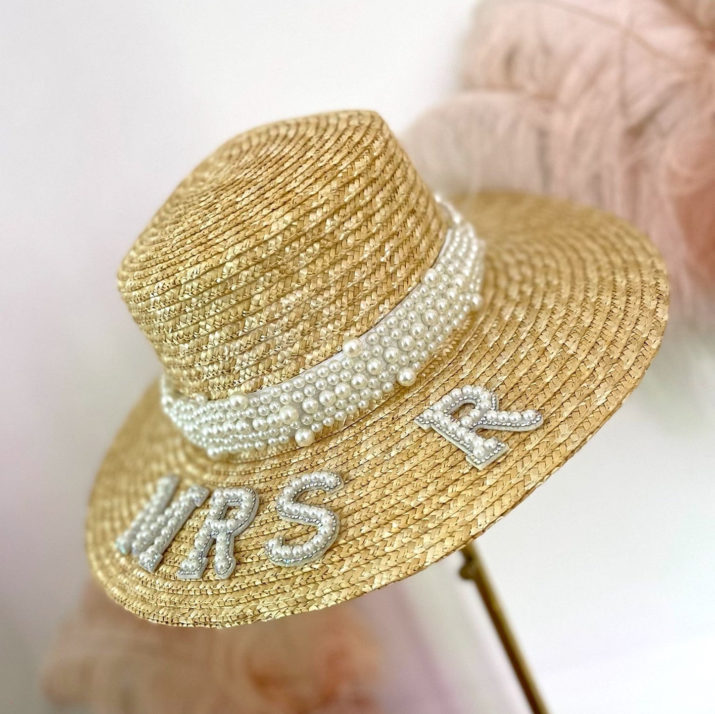 Personalised Hat | Straw | Pearl Ribbon | Embellished with Pearl Lettering