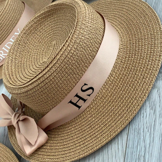 personalised straw hat with nude ribbon