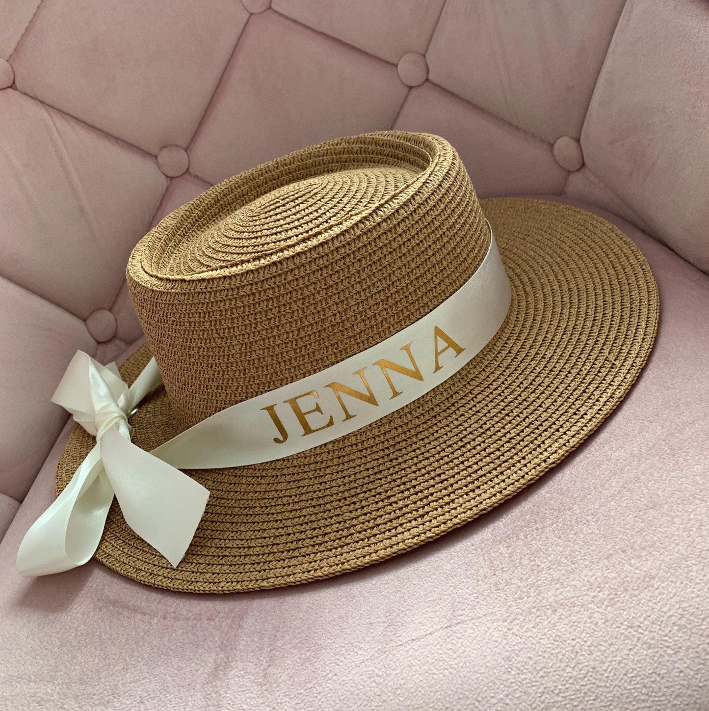 Personalised straw beach hat with name or initials in gold lettering