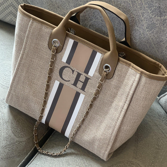 personalised beige tote bag with spacious, secure storage and PU leather handles