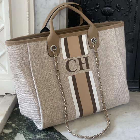 Personalised canvas tote with dark monogram lettering and white & brown outer stripes