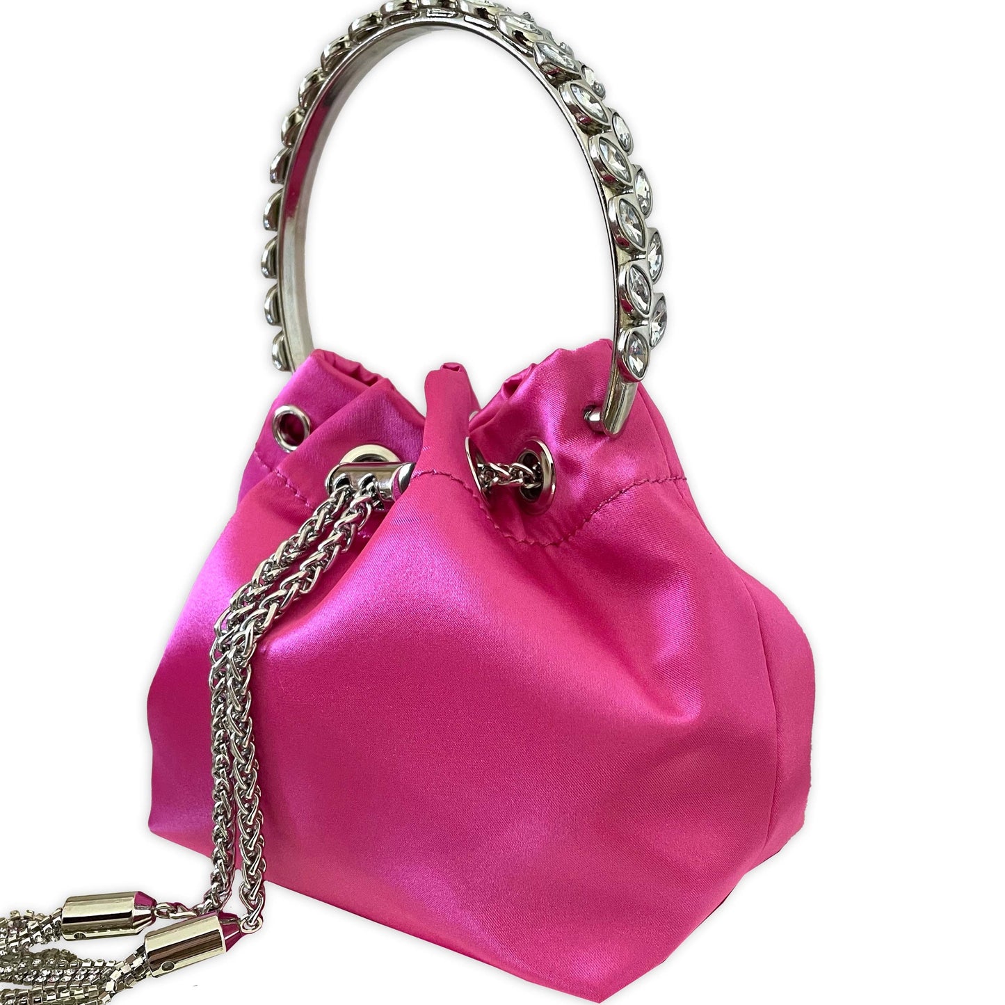 Audrey | Luxury Evening Bag | Silver Rhinestone Crystals | Neon Pink