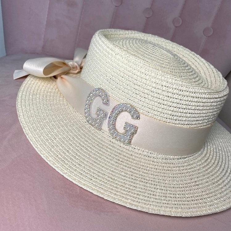 straw vacation hat with pearl rhinestone lettering for initials
