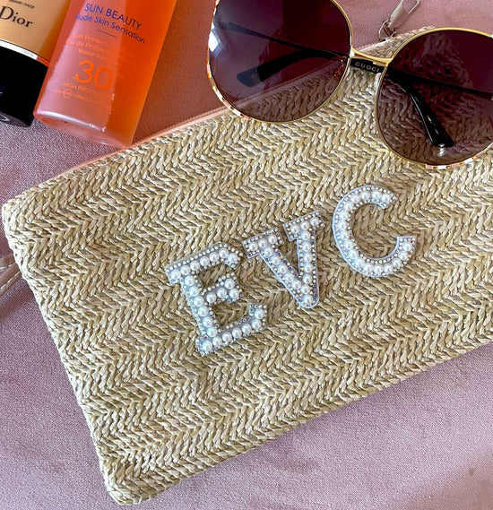 Straw Beach Pouch Bag - Personalised with Pearl & Rhinestone Lettering